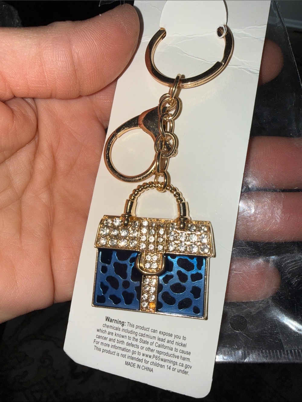 Gold-tone Blue Leopard Mini Purse Keychain with Crystal Accents